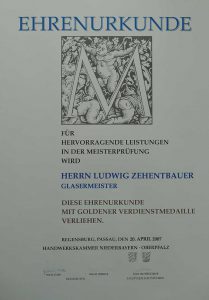 Ehrenurkunde Glasermeister Zehentbauer
